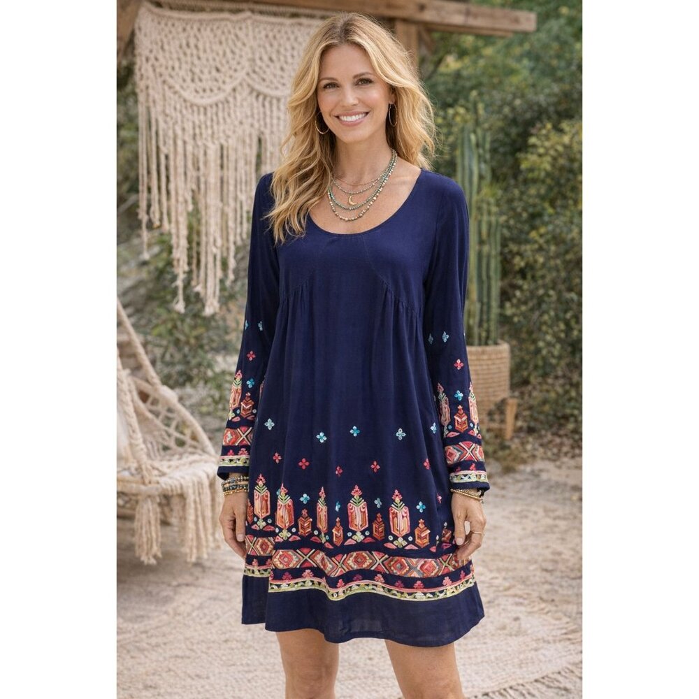 Uncle Frank Boho Navy Baby doll Tunic Midi Dress Embroidered Womens M Indie